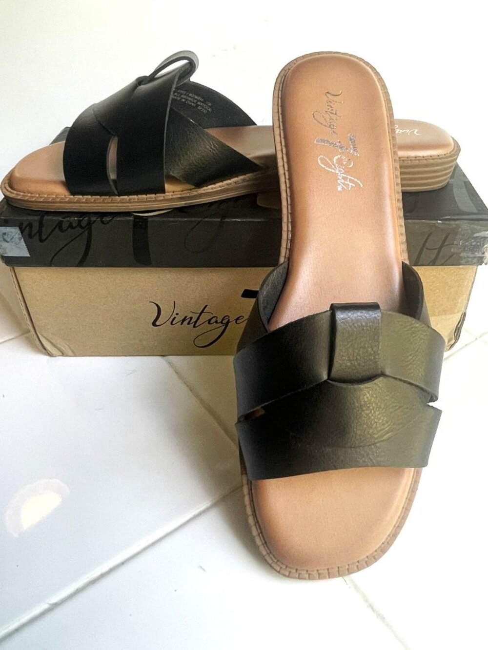 Vintage 7 Eight Strapless Black Sandles with Memory Foam (Size 11)